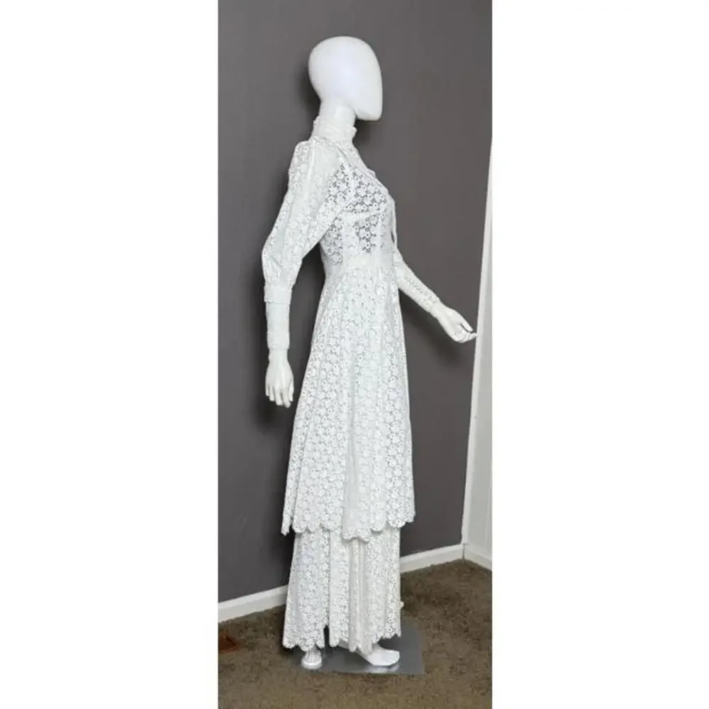 Rare 1970's White Cotton Eyelet Prairie Wedding Gown White Edwardian Style - Picture 5 of 10